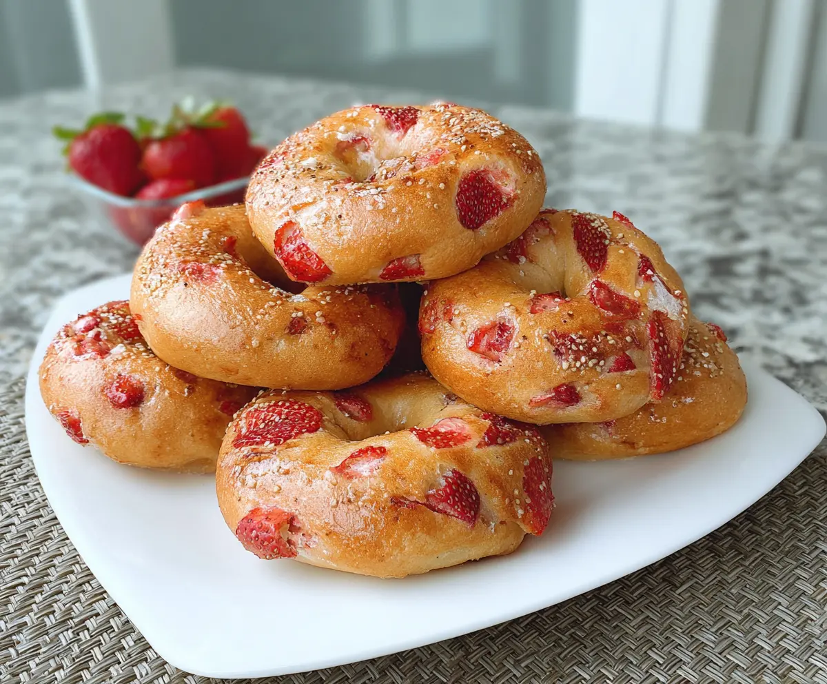 Fresh strawberry bagels with a creamy spread on a wooden platter.
