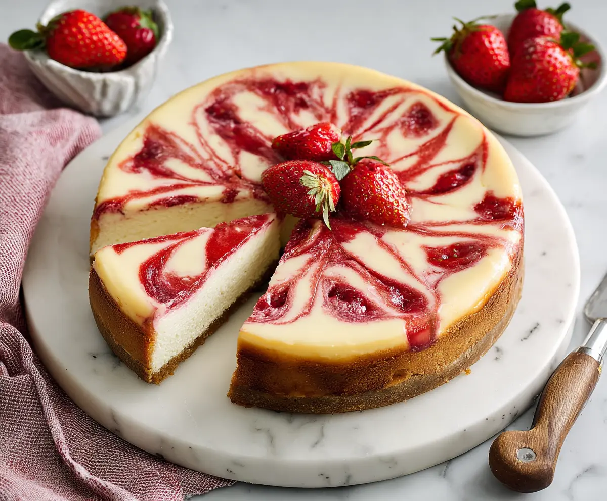 Creamy strawberry swirl cheesecake topped with fresh strawberries and a glossy glaze.