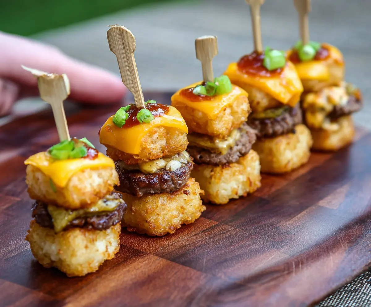 Delicious Tater Tot Mini Cheeseburger Bites served with melted cheese and fresh toppings.