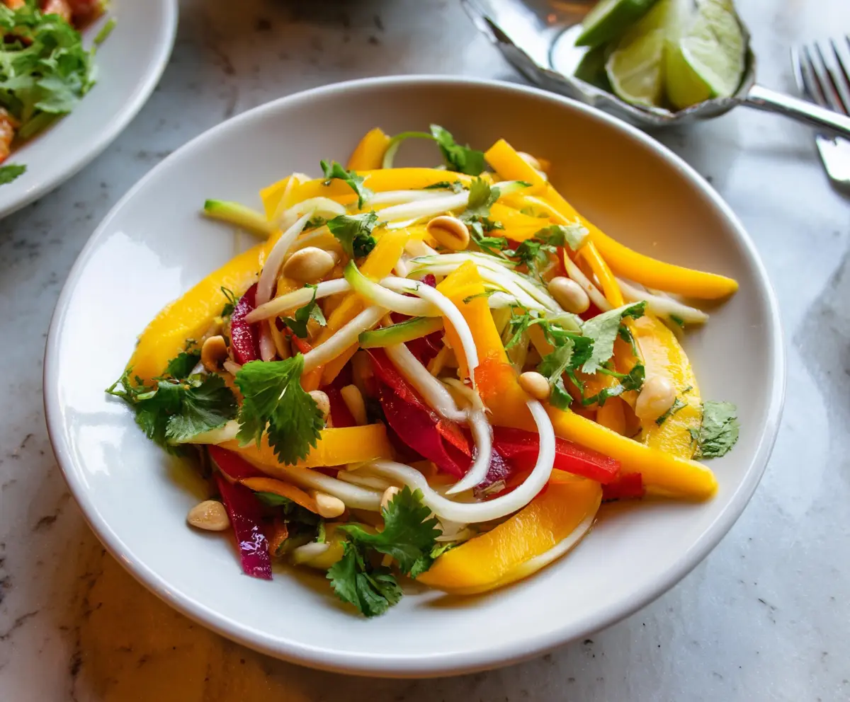 Bright and fresh Thai Mango Salad with sliced mango, herbs, and a spicy dressing.