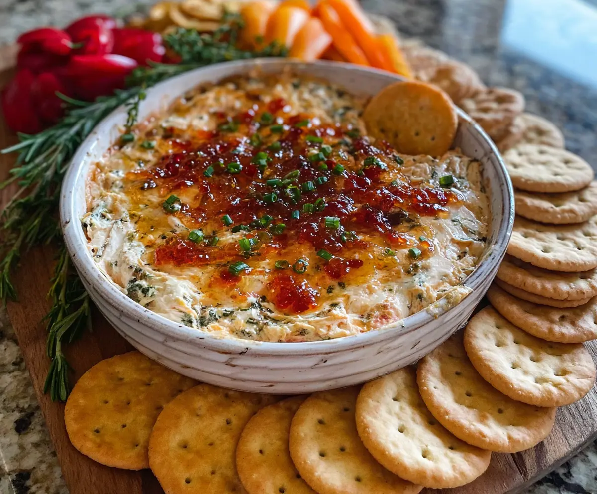 Creamy Pepper Jelly Cheese Dip served with crackers on a colorful platter.