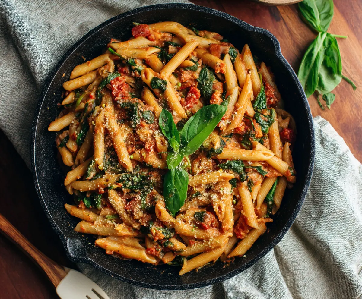 Delicious Tomato Spinach Pasta with fresh herbs and melted cheese on a white plate.