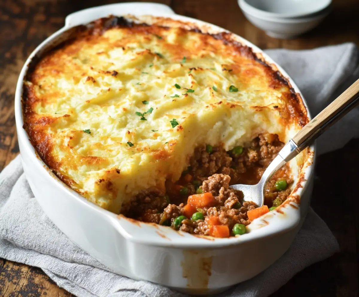Delicious homemade Turkey Shepherd's Pie topped with golden mashed potatoes and savory turkey filling