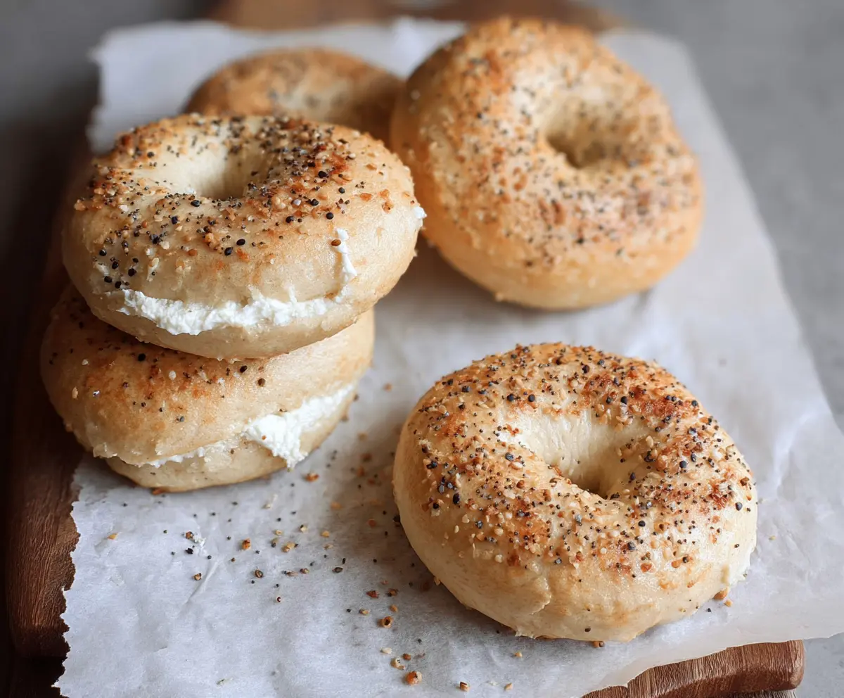 Delicious homemade vanilla Greek yogurt bagels with a golden crust and soft interior.