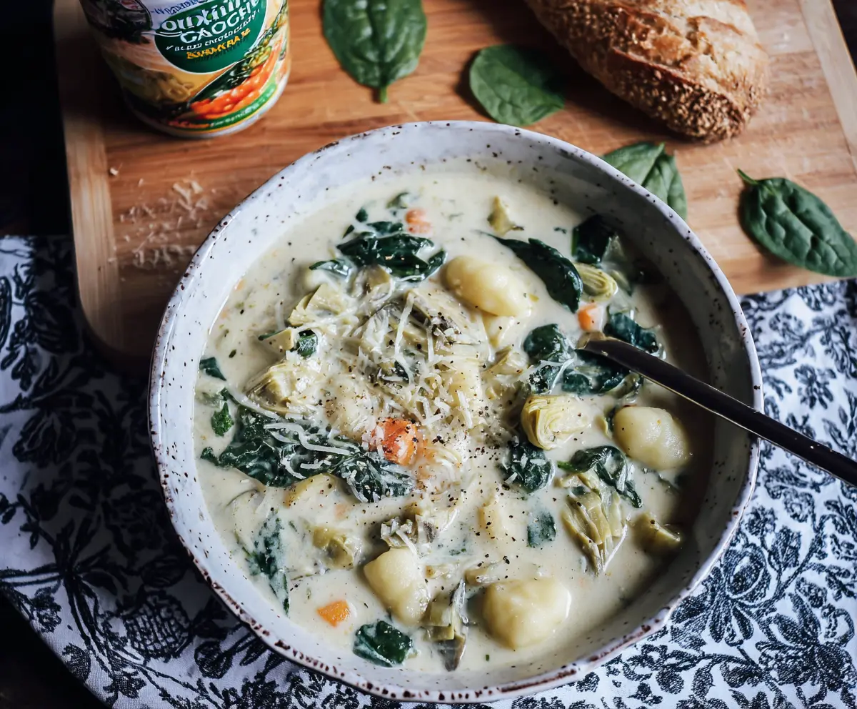 Vegan Spinach Artichoke Gnocchi Soup in a bowl, highlighting creamy spinach, artichokes, and tender gnocchi.