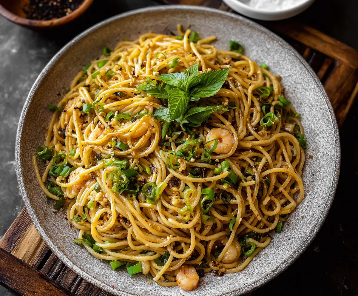 Delicious Vietnamese Garlic Noodles garnished with fresh herbs and served in a white bowl.