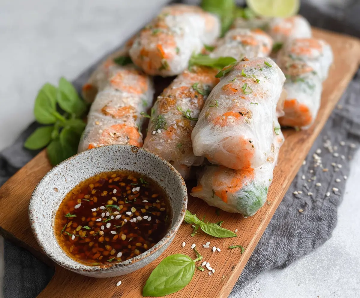 Delicious Air Fryer Shrimp Rice Paper Rolls with fresh vegetables on a plate.