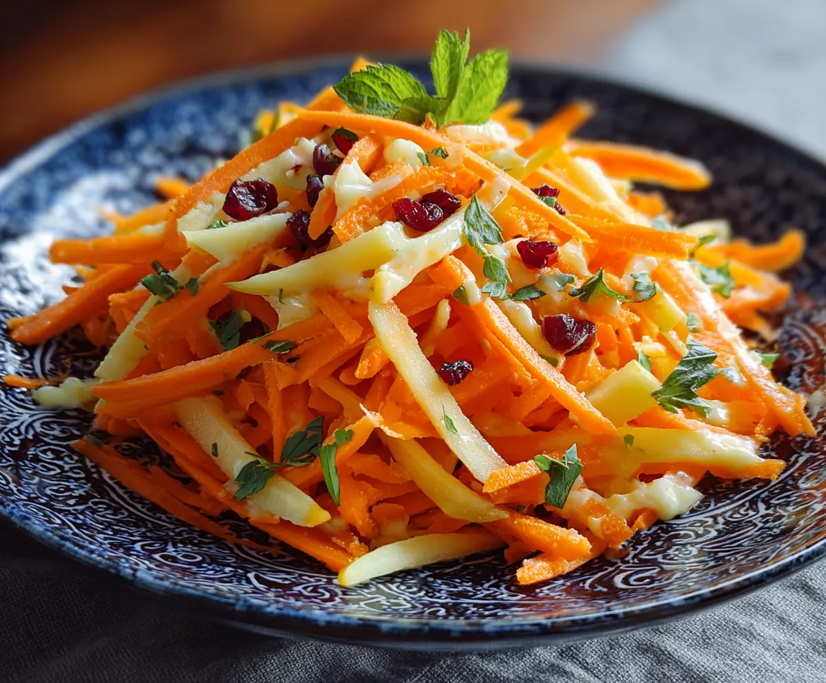 Fresh apple and carrot salad topped with creamy citrus dressing, vibrant and healthy.