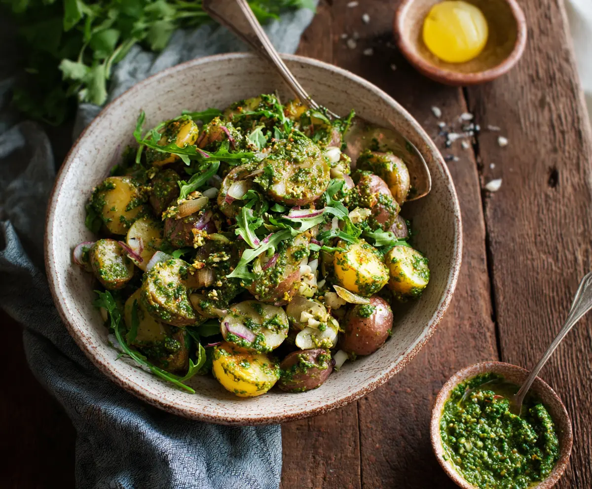 Fresh arugula pesto potato salad garnished with herbs and served chilled.