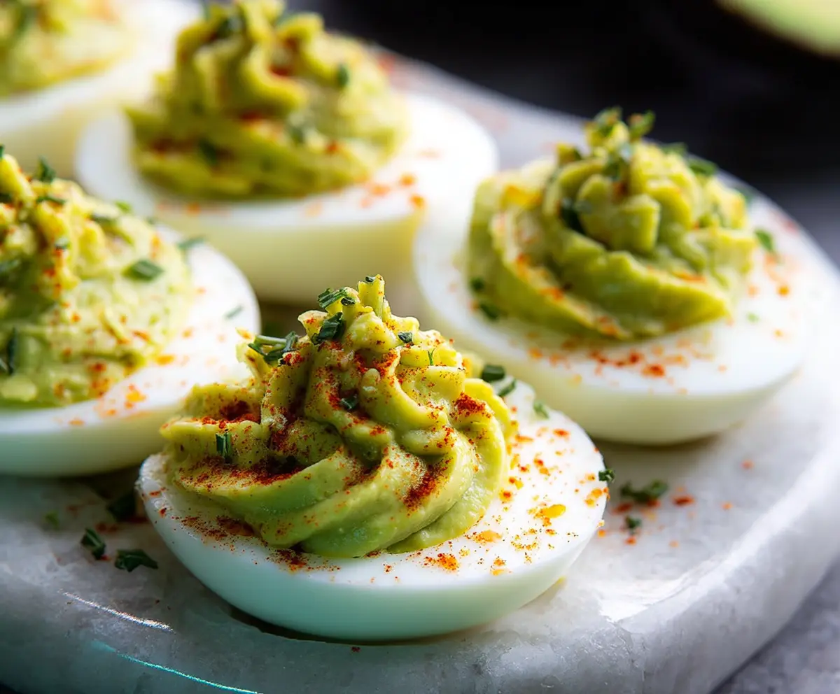 Creamy avocado deviled eggs garnished with paprika and fresh herbs on a white platter.