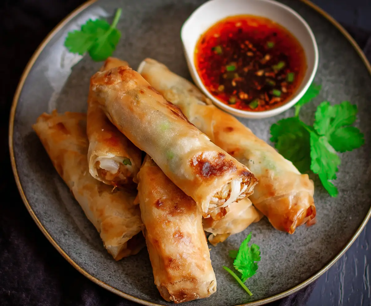 Crispy baked Chinese vegetable spring rolls on a plate, perfect for a healthy appetizer or snack