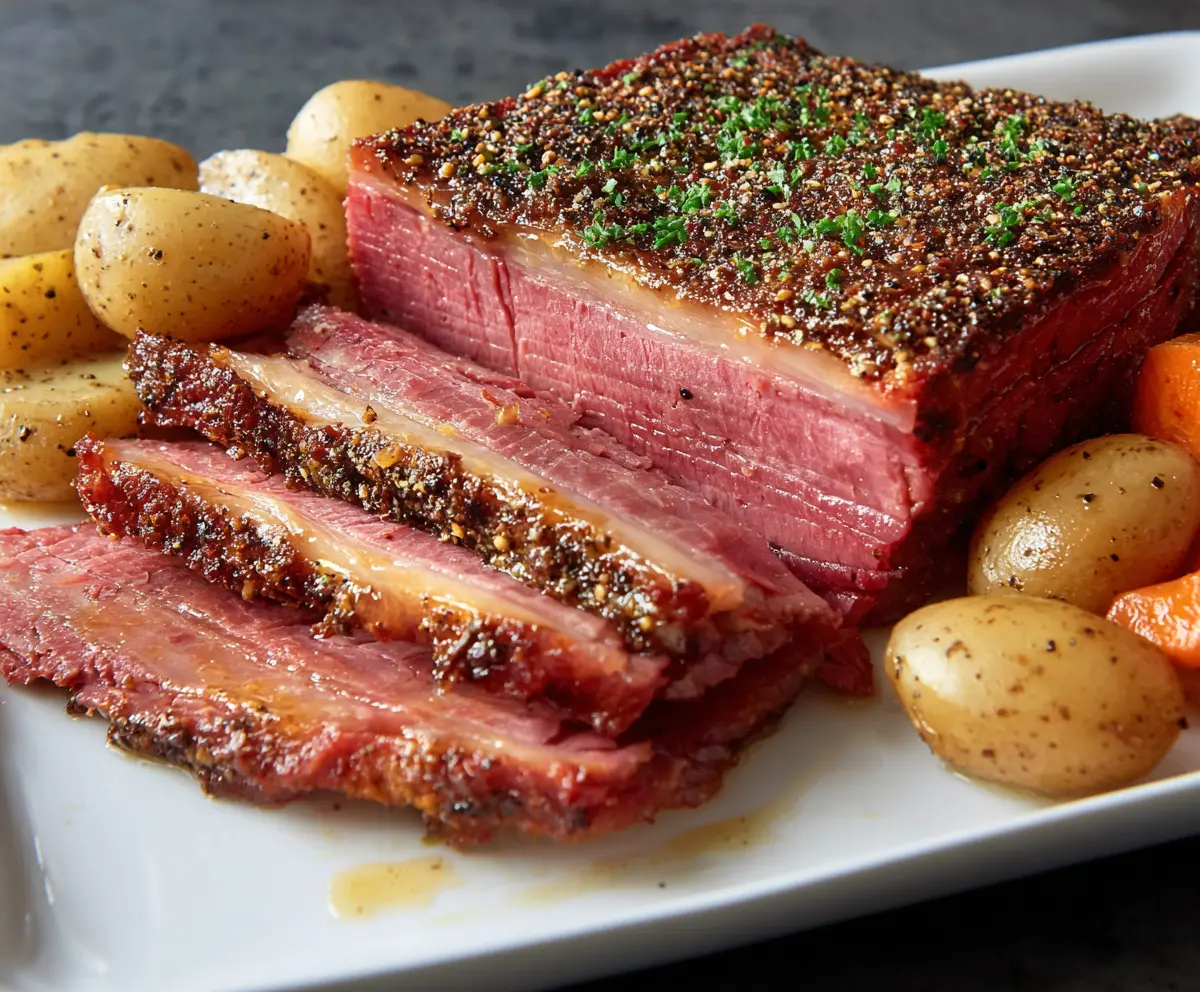 Delicious baked corned beef brisket served with vegetables on a plate