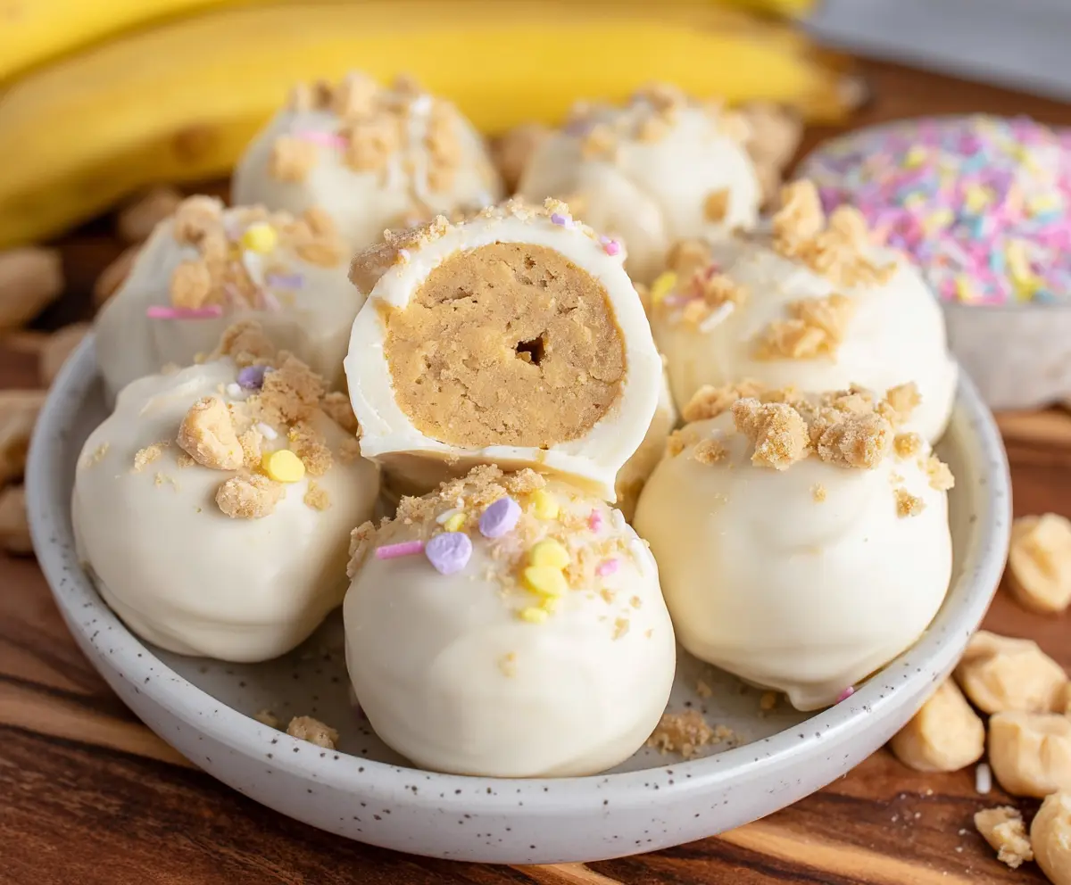 Delicious Banana Pudding Easter Truffles garnished with colorful sprinkles on a festive plate.