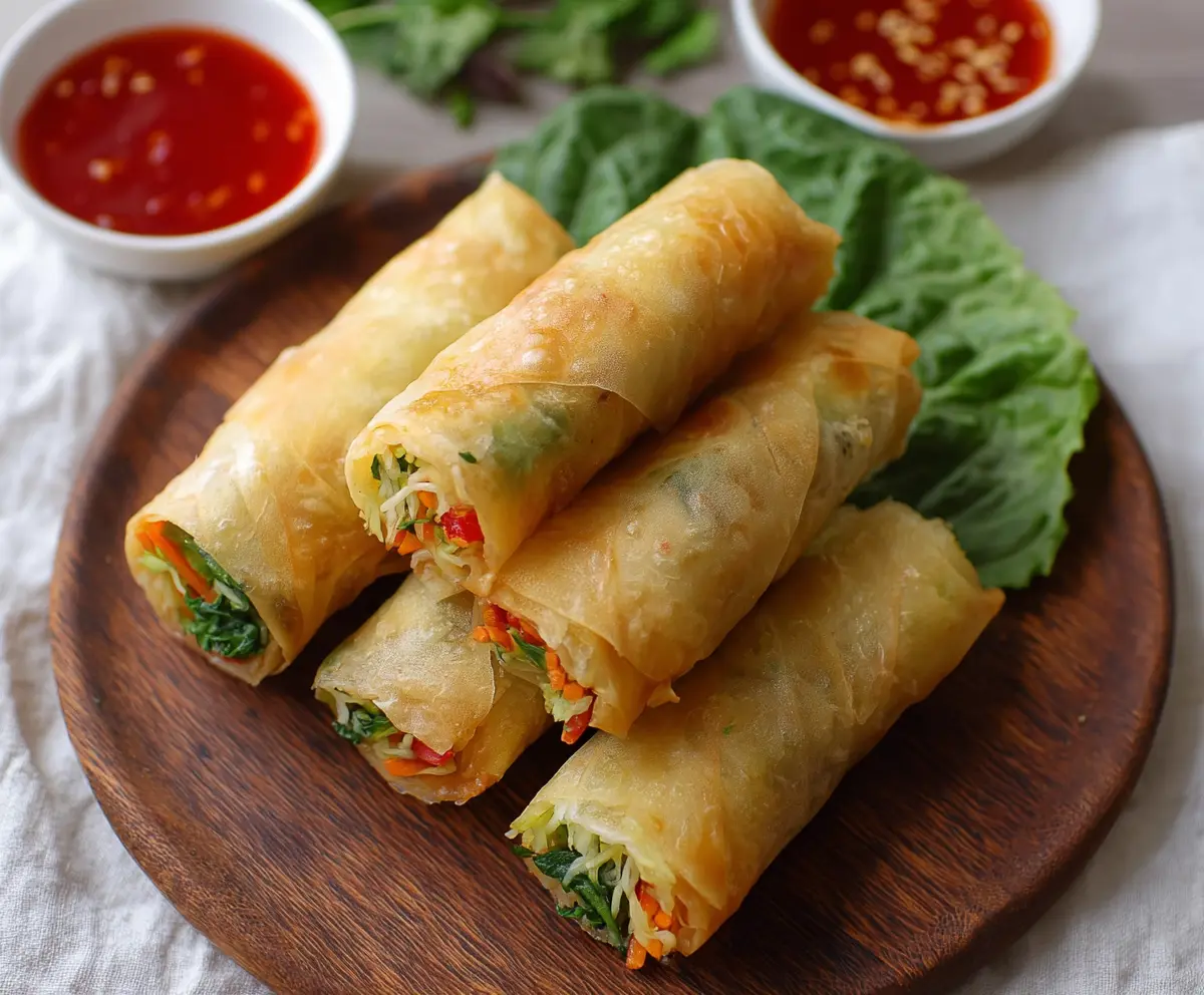 Fresh vegetable spring rolls with Bang Bang dipping sauce on a plate, perfect for healthy snacking.