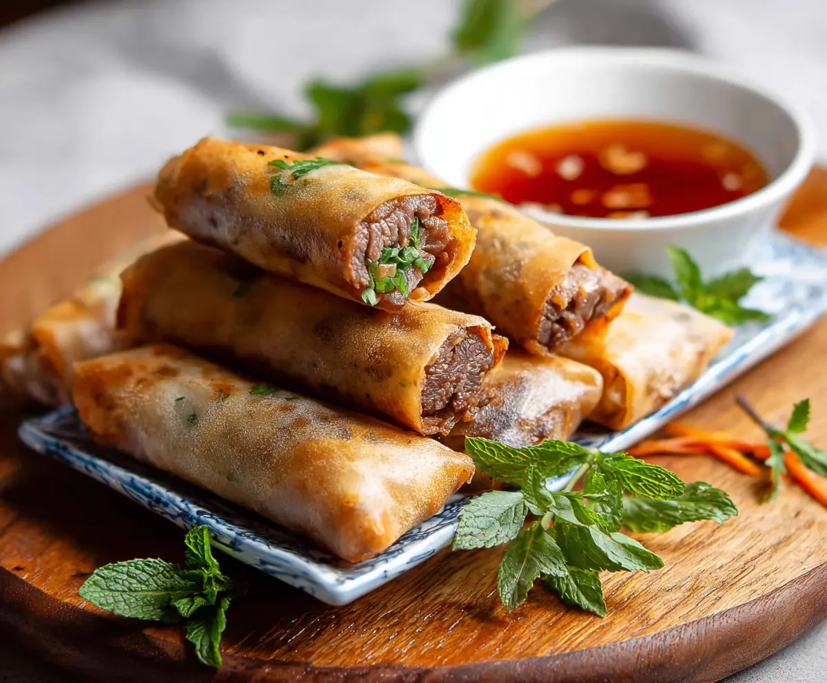 Delicious beef spring rolls packed with savory ingredients and fresh vegetables.