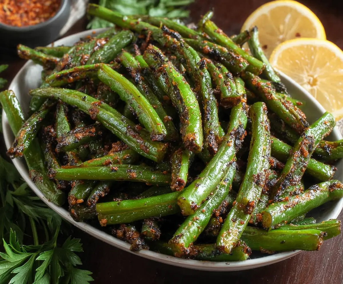 Delicious blackened green beans garnished with herbs, perfect as a healthy side dish.