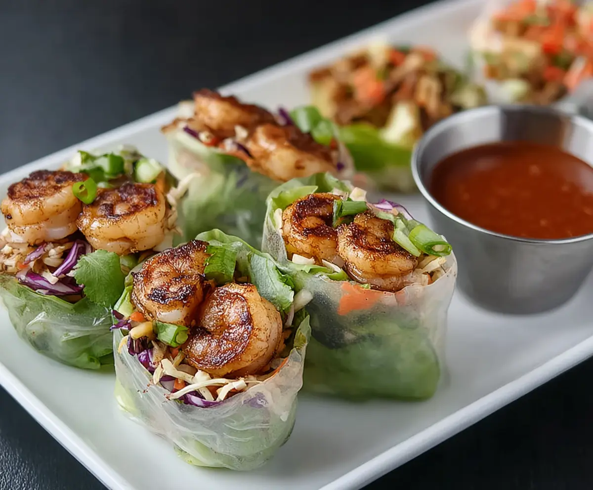 Delicious blackened shrimp spring rolls with fresh vegetables on a white plate