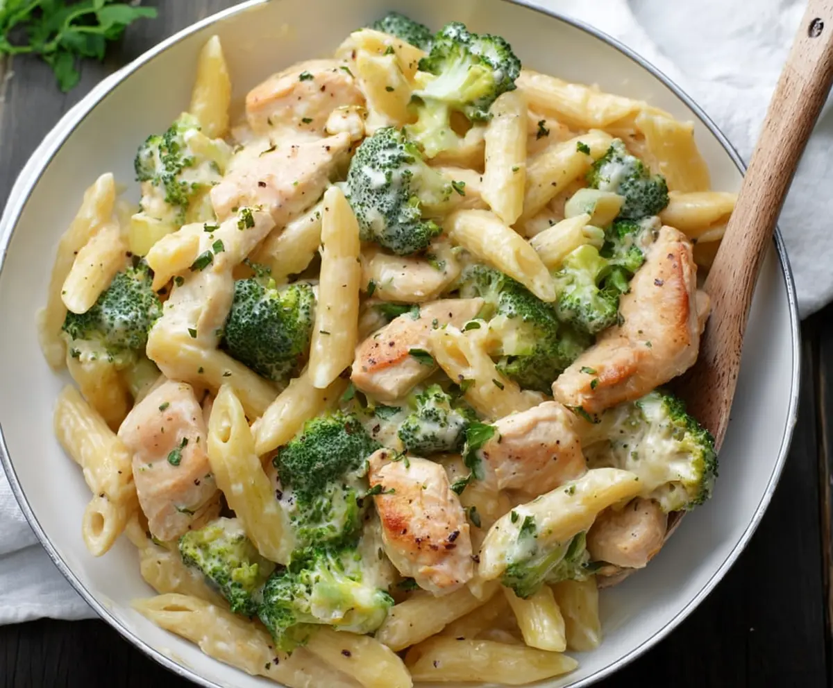 Creamy broccoli and chicken penne pasta dish with fresh ingredients