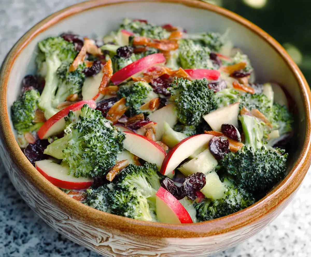 Fresh broccoli and apple salad with nuts and a tangy dressing, healthy and colorful meal option.