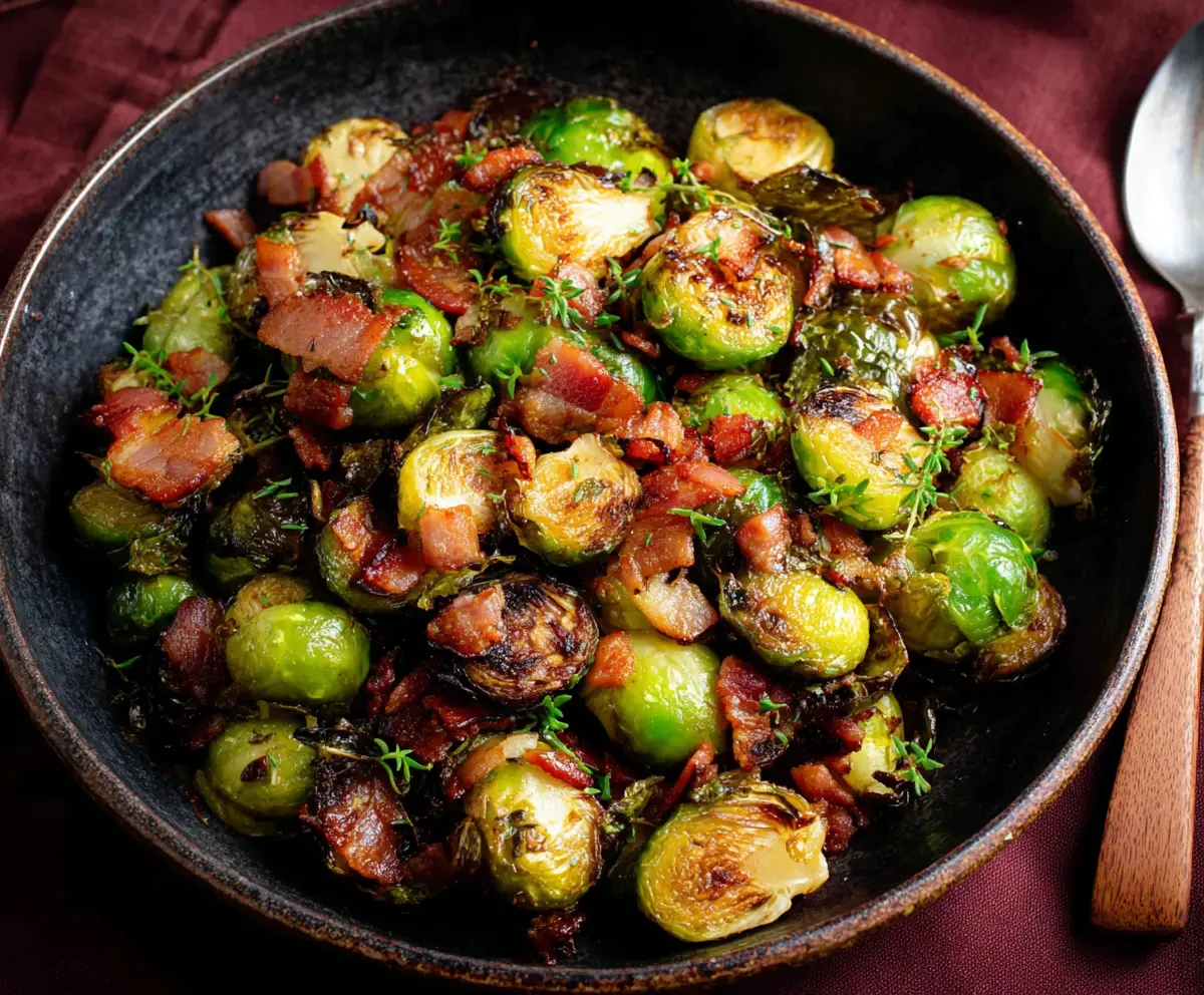 Delicious Brussels sprouts with crispy bacon served on a plate
