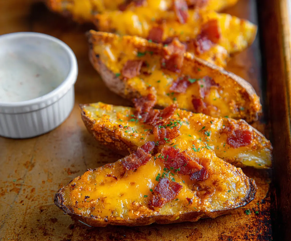 Delicious cheddar bacon potato wedges served hot, perfect for snacking or side dishes.