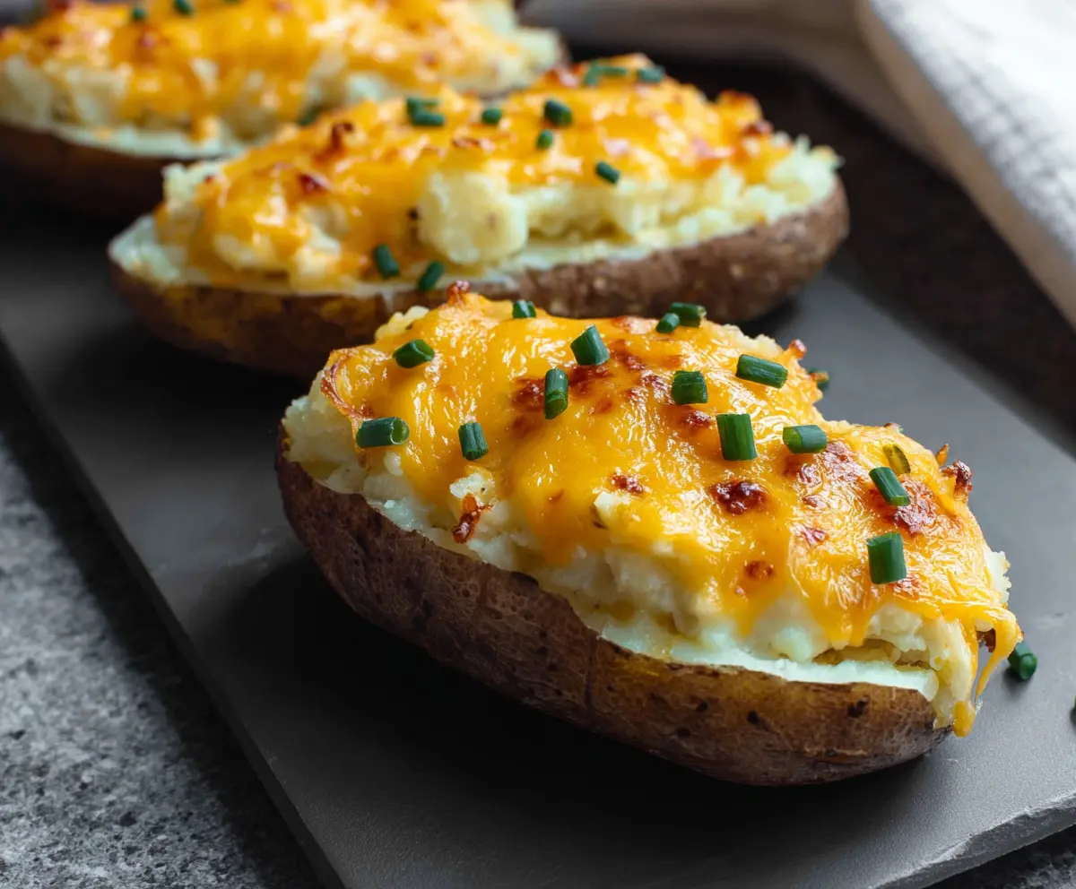 Delicious cheesy baked potatoes topped with golden melted cheese and fresh herbs.