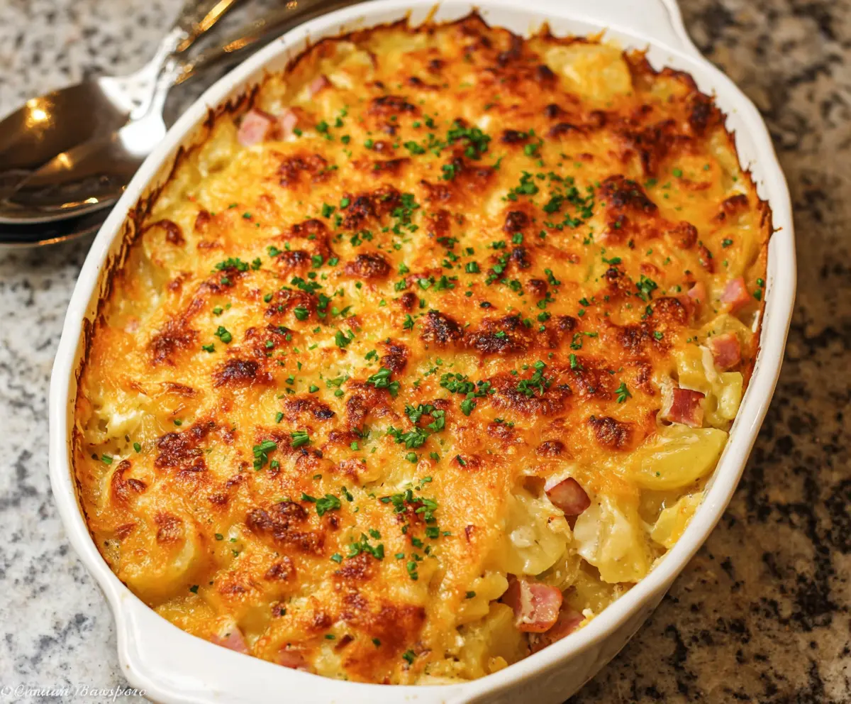 Delicious cheesy ham and potato casserole served in a baking dish, perfect for comforting family meals.