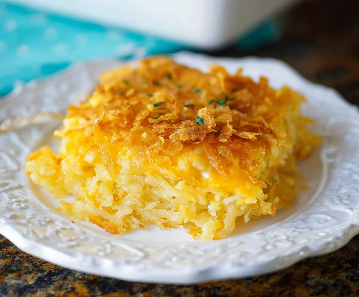 Delicious cheesy hashbrown casserole layered with melted cheese and crispy hashbrowns, perfect for breakfast or dinner.