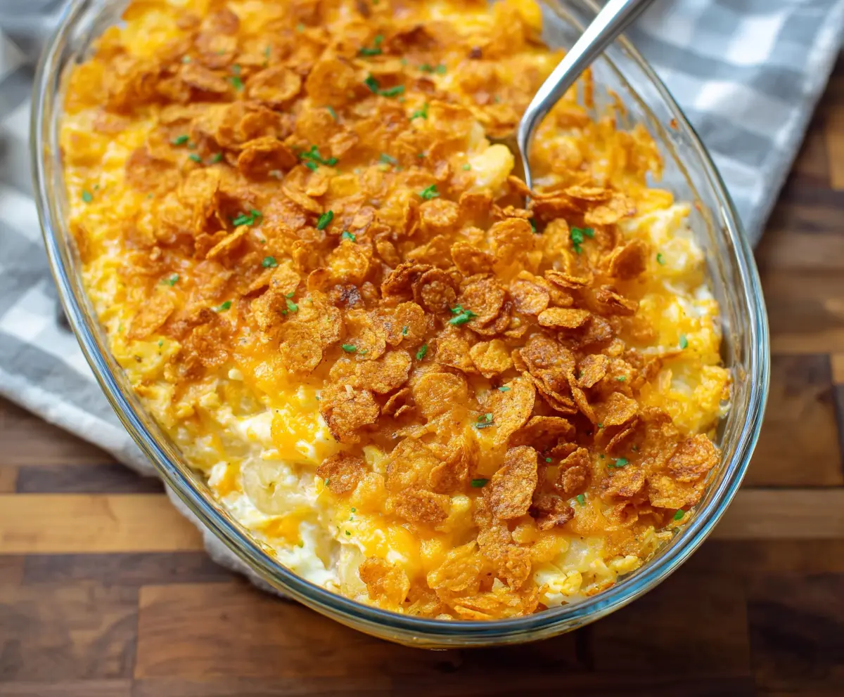 Delicious cheesy potatoes topped with crispy corn flakes, perfect for a comforting meal.