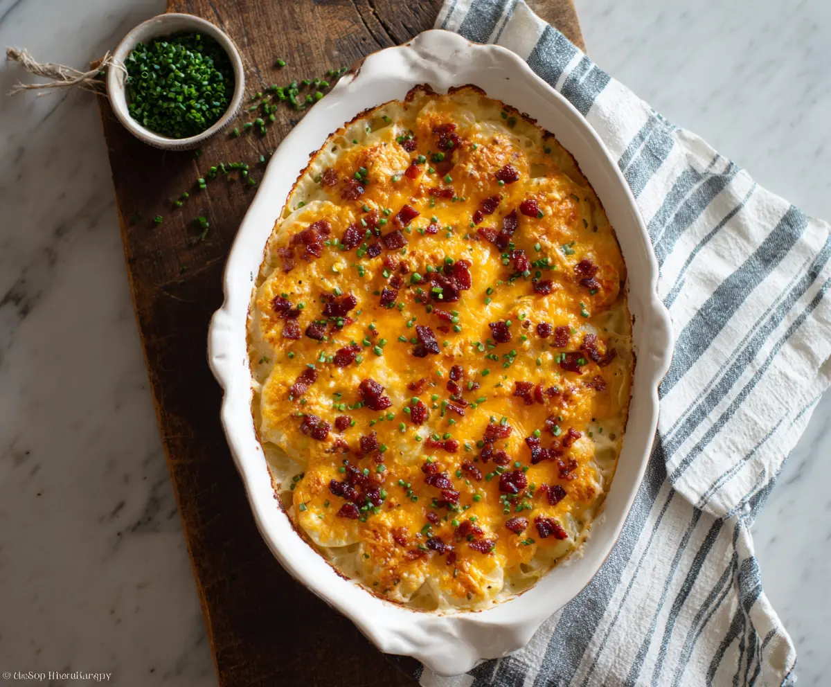 Delicious cheesy ranch potato casserole served in a baking dish, perfect for family dinners.