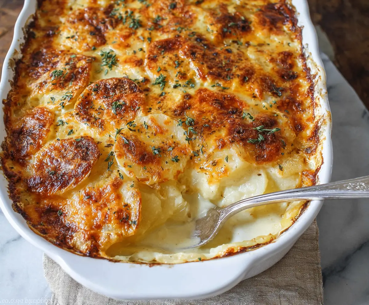 Delicious cheesy scalloped potatoes bake with golden brown crust and creamy layers, perfect for comfort food.