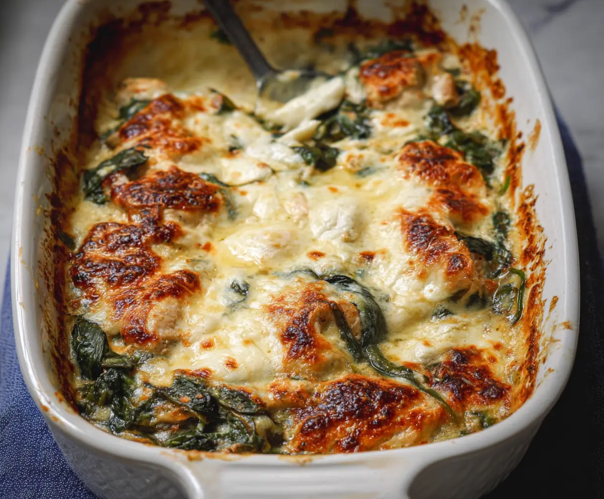 Delicious chicken and spinach casserole topped with melted cream cheese served in a baking dish.