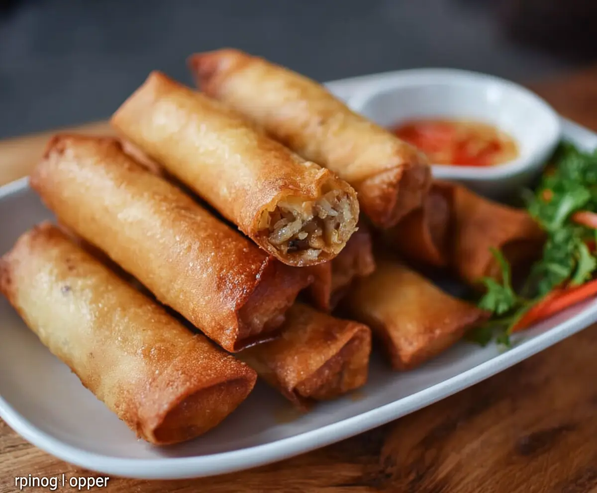 Crispy chicken lumpia with golden-brown wrapper on a serving plate.