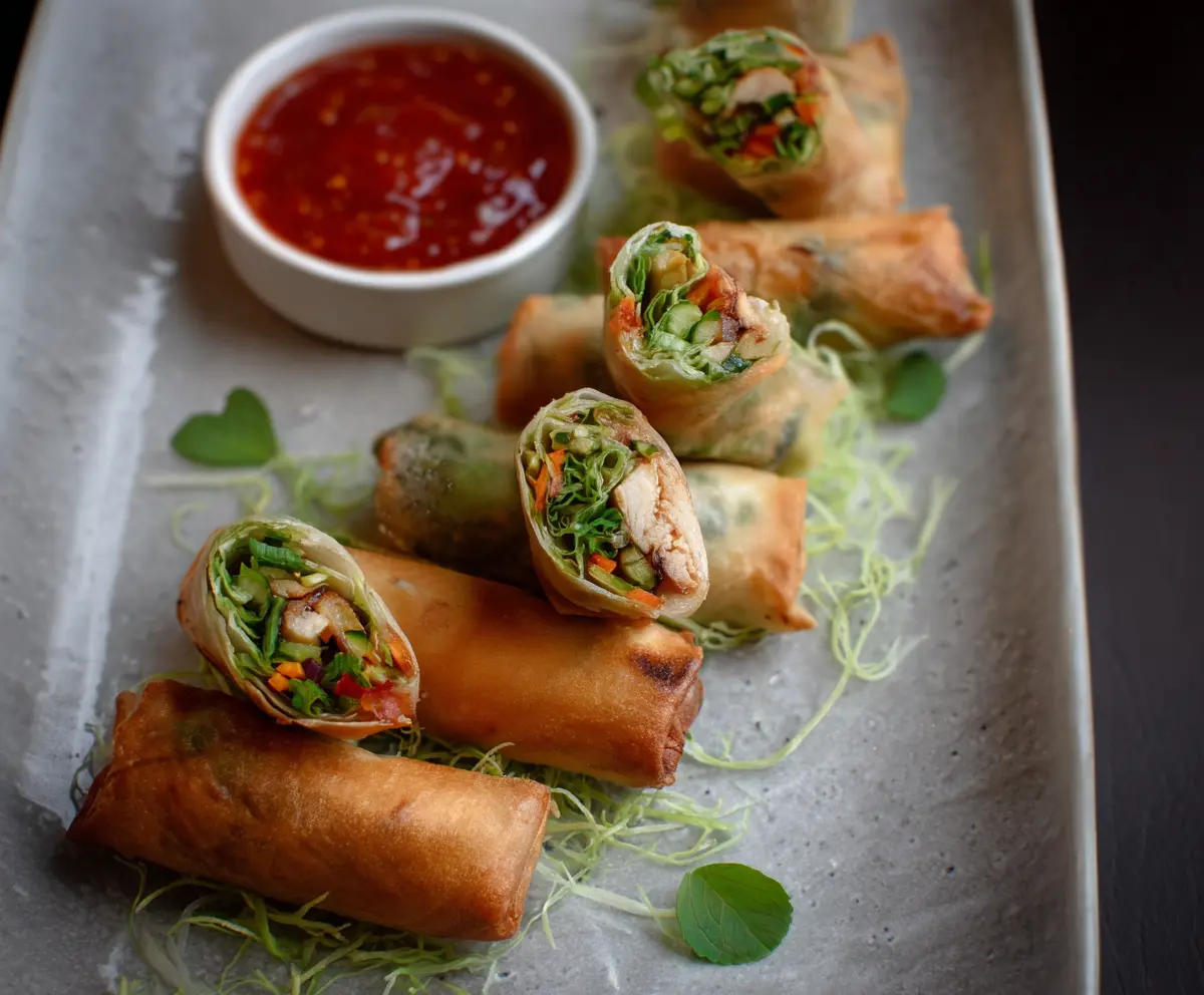 Crispy chicken vegetable spring rolls served with dipping sauce, delicious appetizer or snack