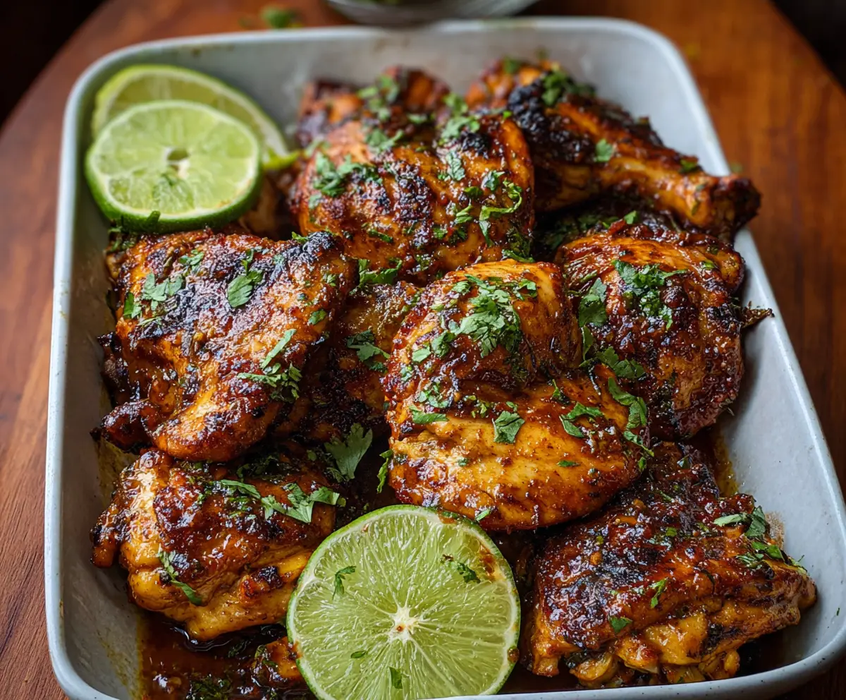 Juicy grilled chili lime chicken breast served on a plate with fresh lime wedges and cilantro.