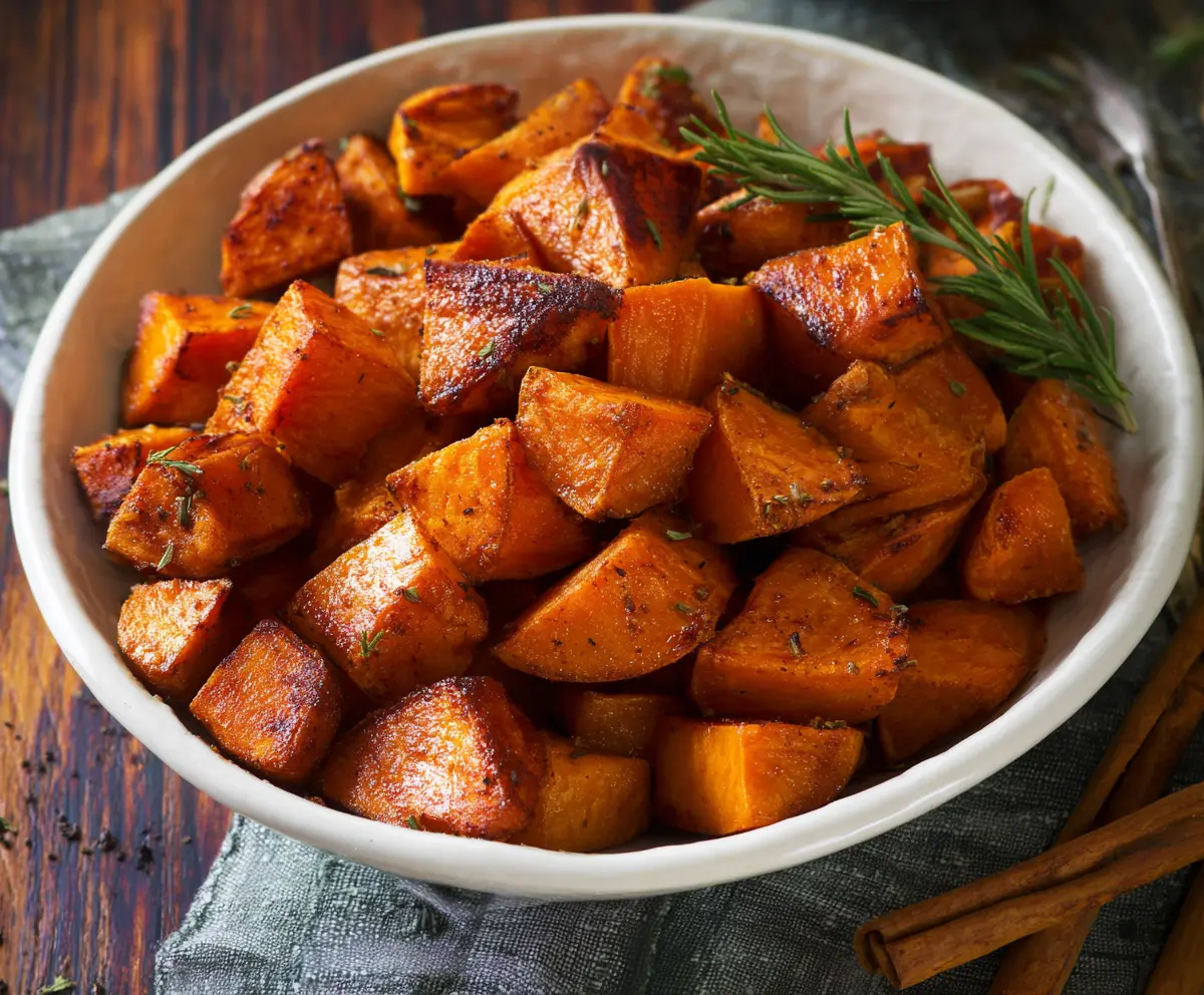Delicious cinnamon roasted sweet potatoes garnished with cinnamon sprinkles on a rustic wooden table.