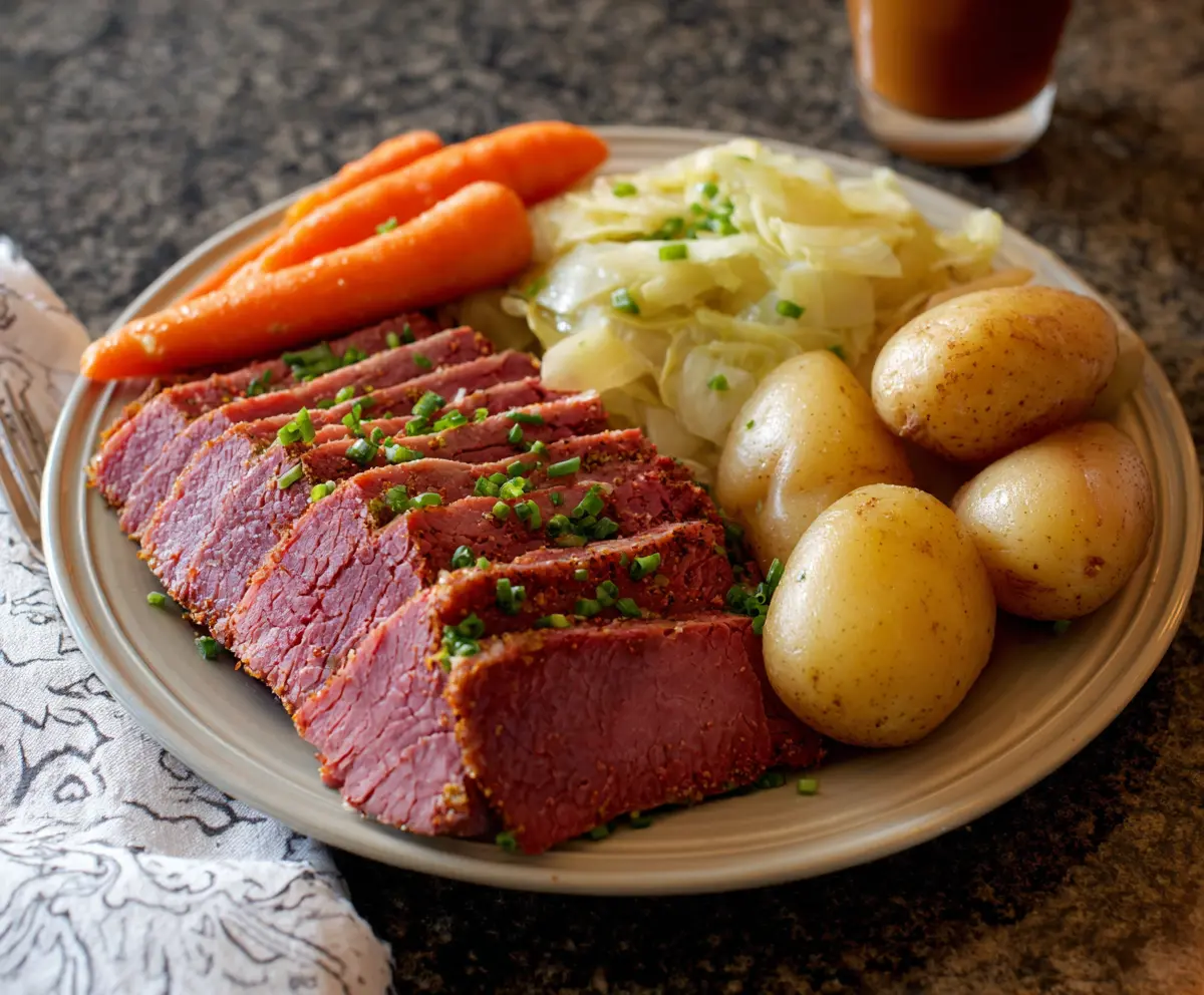 Delicious corned beef and cabbage served on a plate, perfect for a traditional Irish dinner