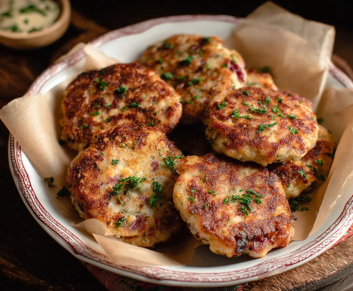 Golden Corned Beef and Potato Cakes served with fresh herbs, perfect for a savory meal.