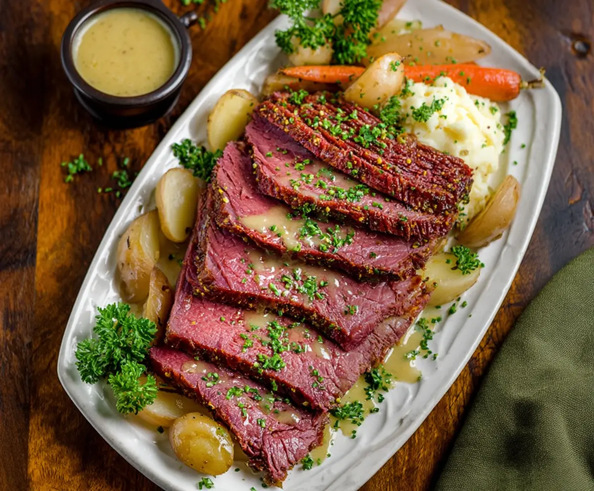 Delicious Corned Beef With Mustard Glaze served on a plate, perfect for a hearty meal.