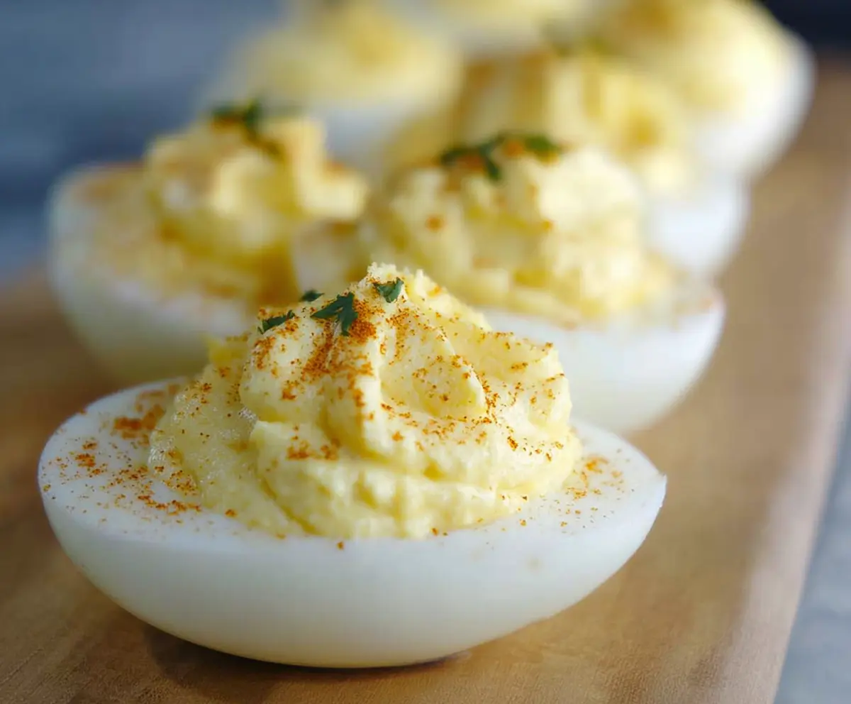 Cream Cheese Deviled Eggs topped with paprika and chives on a white plate