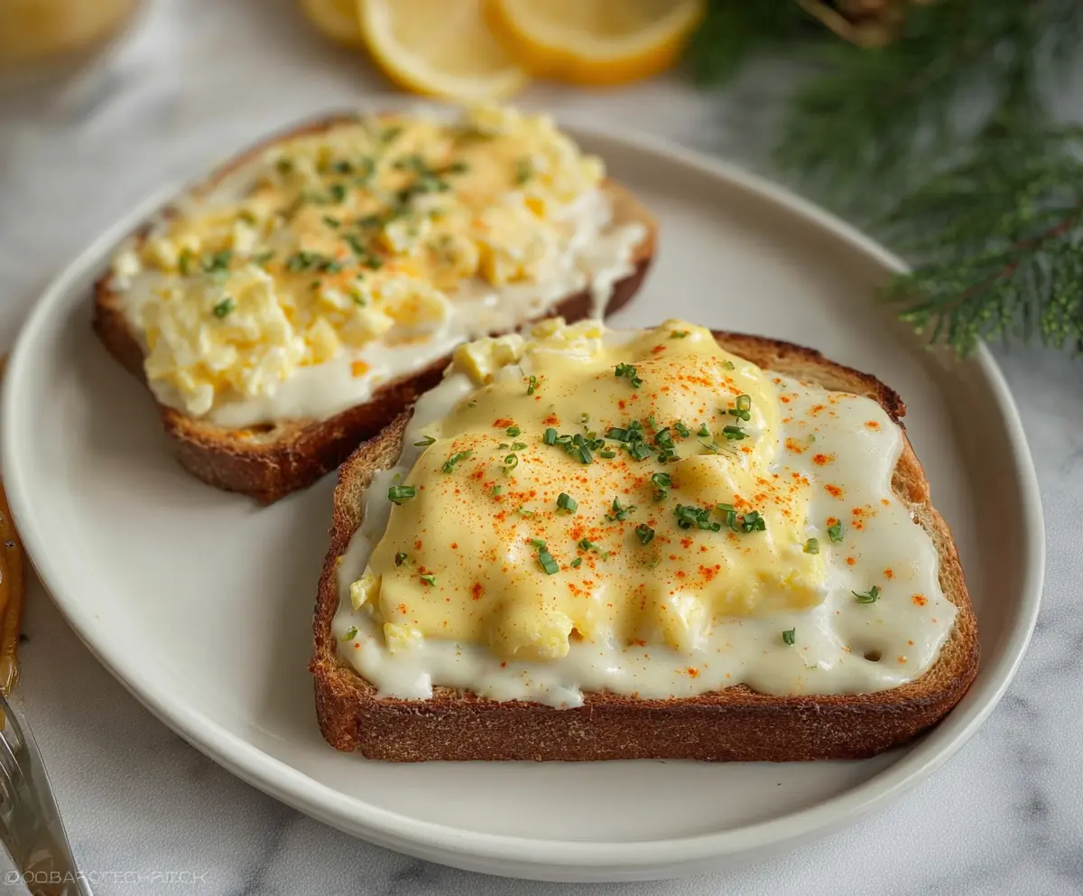 Creamed eggs served on toasted bread for a hearty breakfast.
