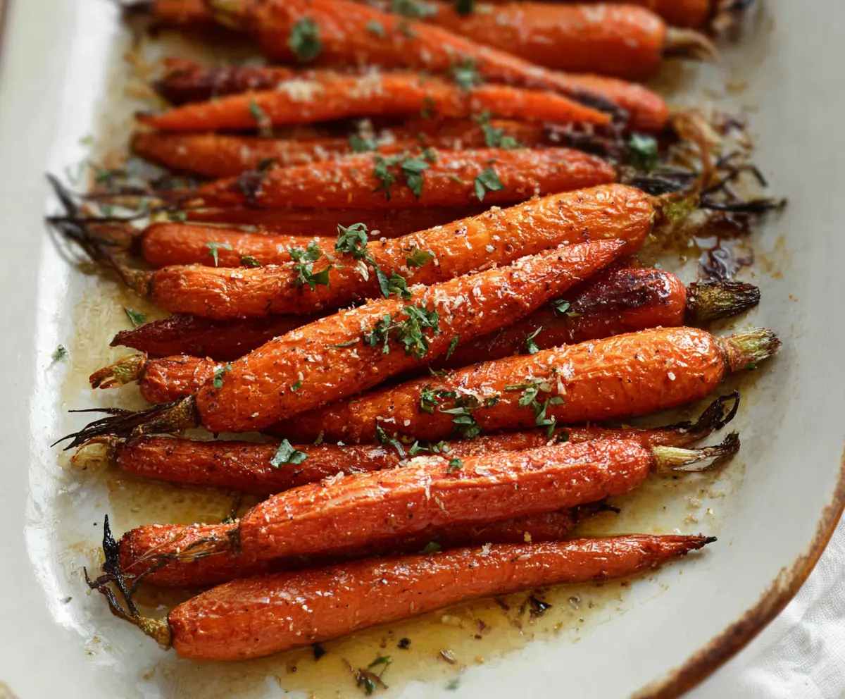 Delicious crispy roasted carrots served on a white plate, perfect for a healthy appetizer or side dish.