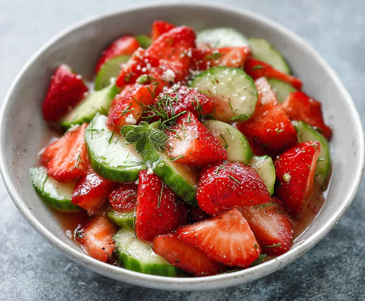 Fresh cucumber and juicy strawberries in a vibrant Cucumber Strawberry Salad.