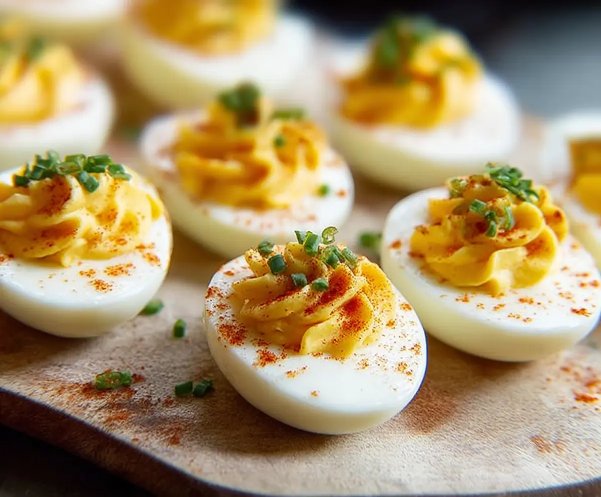 Creamy deviled eggs garnished with paprika and fresh chives on a white plate.