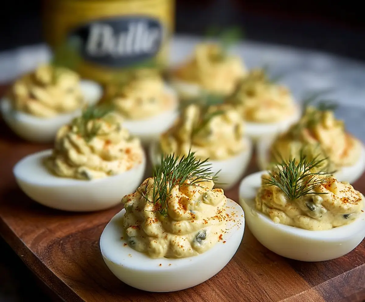 Creamy dill pickle deviled eggs garnished with fresh herbs on a white plate.