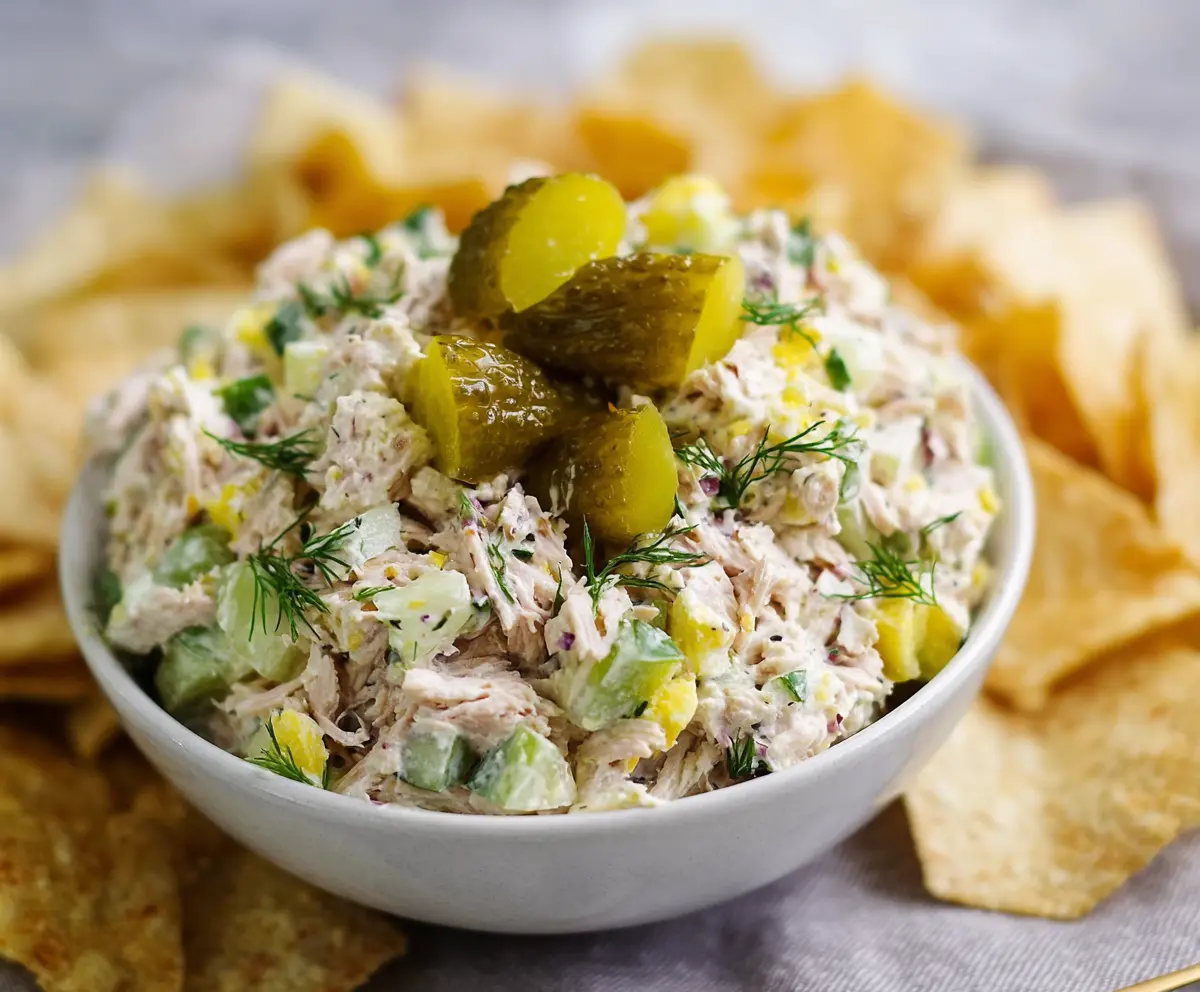 Delicious Dill Pickle Tuna Salad in a bowl, garnished with fresh herbs for a nutritious snack.