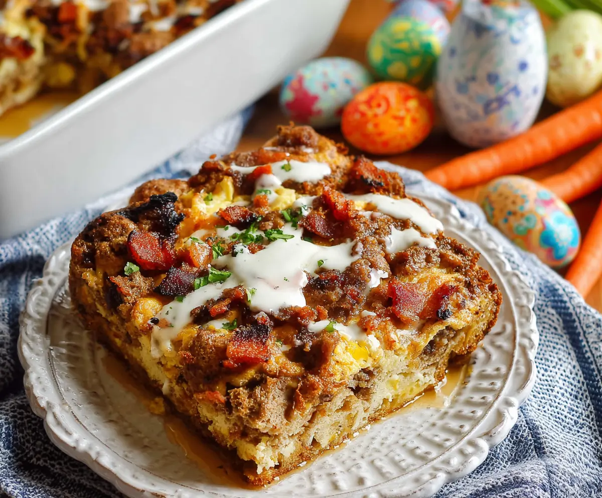 Delicious Easter Breakfast Bake with eggs, cheese, and fresh herbs in a baking dish.