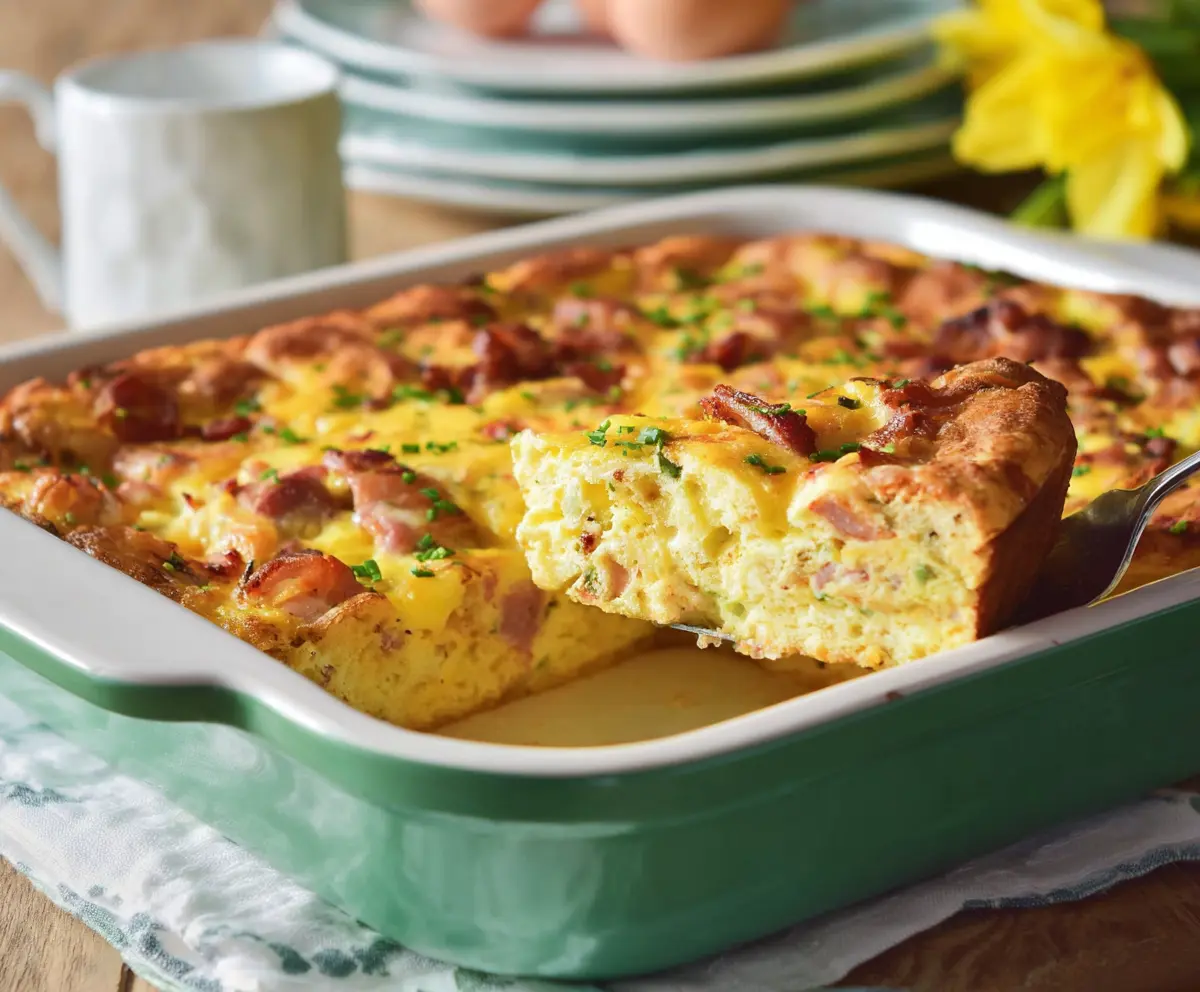 Delicious Easter Breakfast Casserole with eggs, cheese, and ham served in a baking dish.
