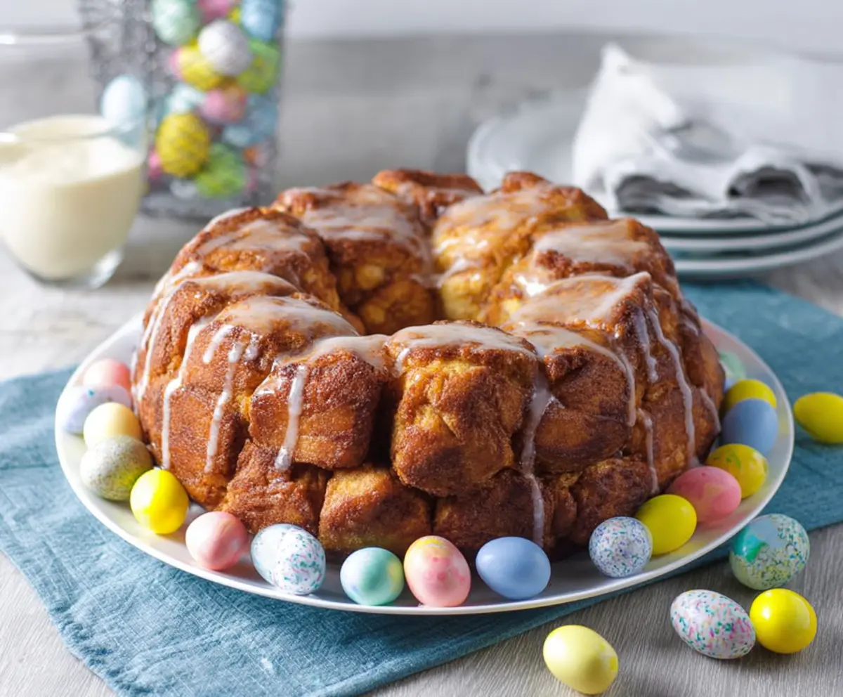 Delicious Easter brunch monkey bread topped with glaze, perfect for celebrations.