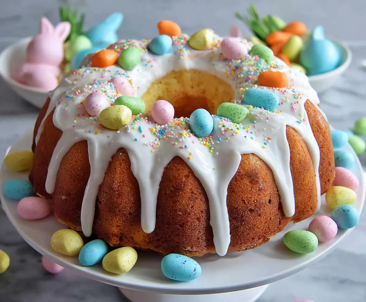 Delicious Easter Bundt Cake decorated with colorful frosting and festive sprinkles, perfect for spring celebrations